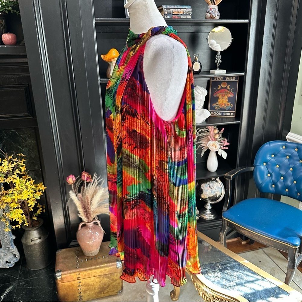 Oleg Cassini Multi‑Colored Tropical Pleated Dress • Size 12 • Vibrant Resort Vib - Picture 9 of 12